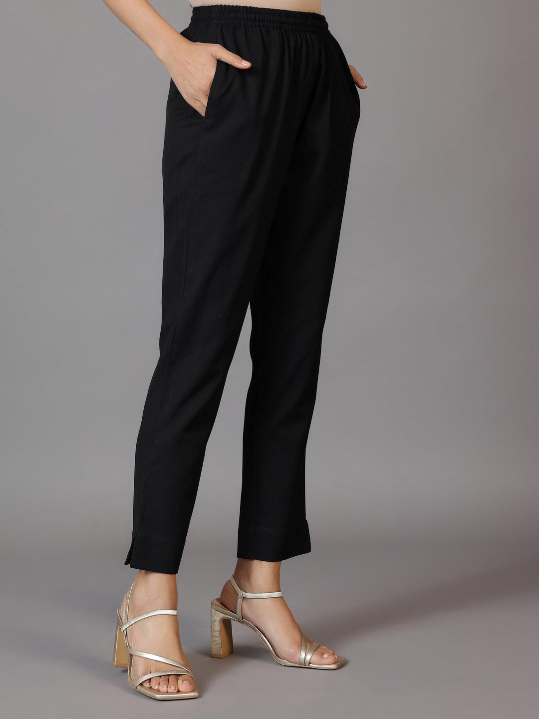 Black Solid Cotton Trousers - Libas