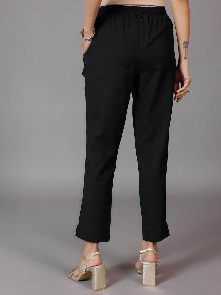 Black Solid Cotton Trousers - Libas