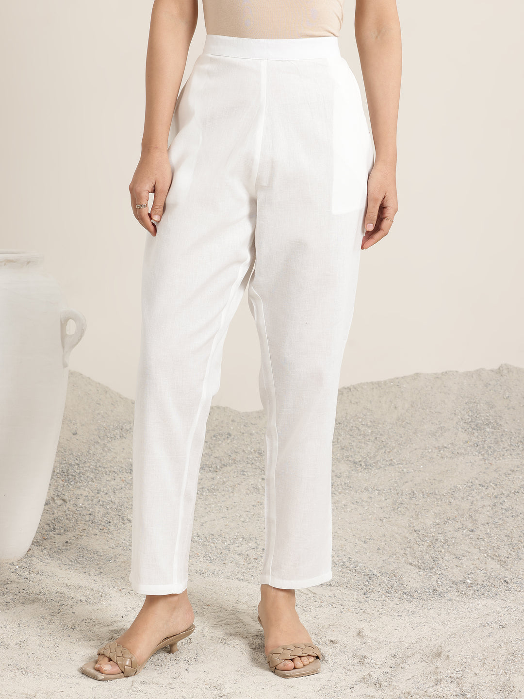  Off White Solid Cotton Trousers 