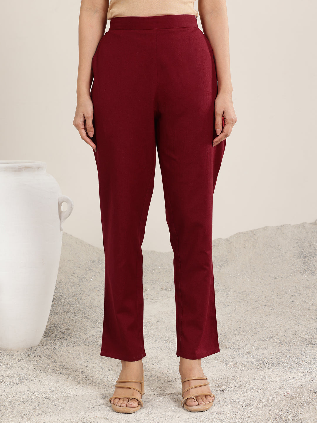  Red Solid Cotton Trousers 