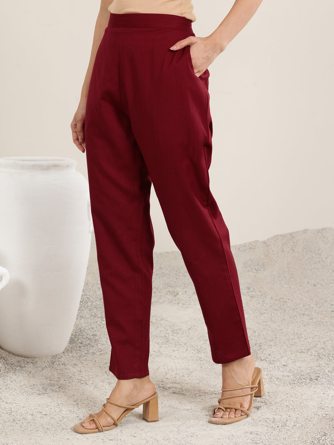  Red Solid Cotton Trousers 