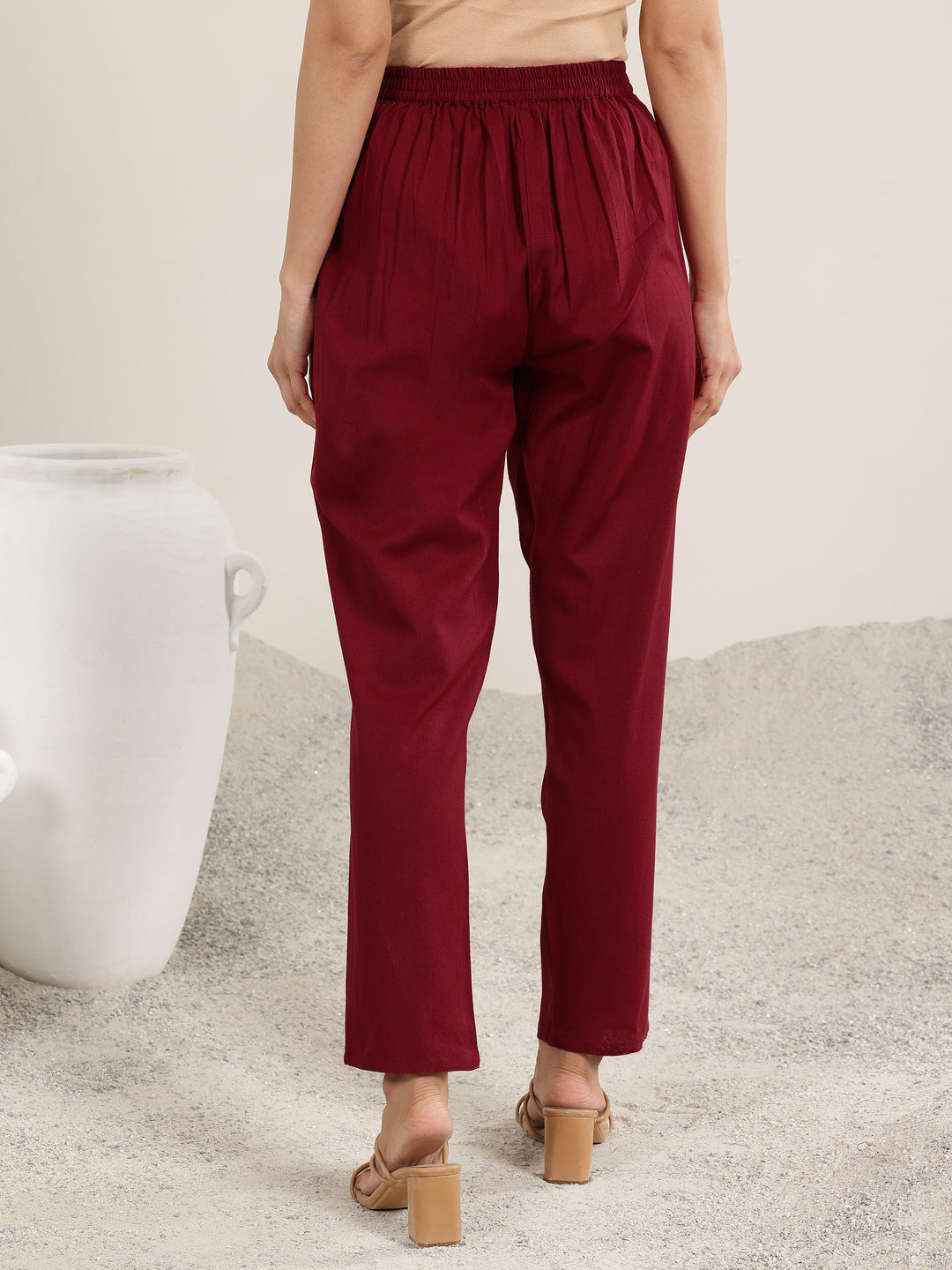  Red Solid Cotton Trousers 