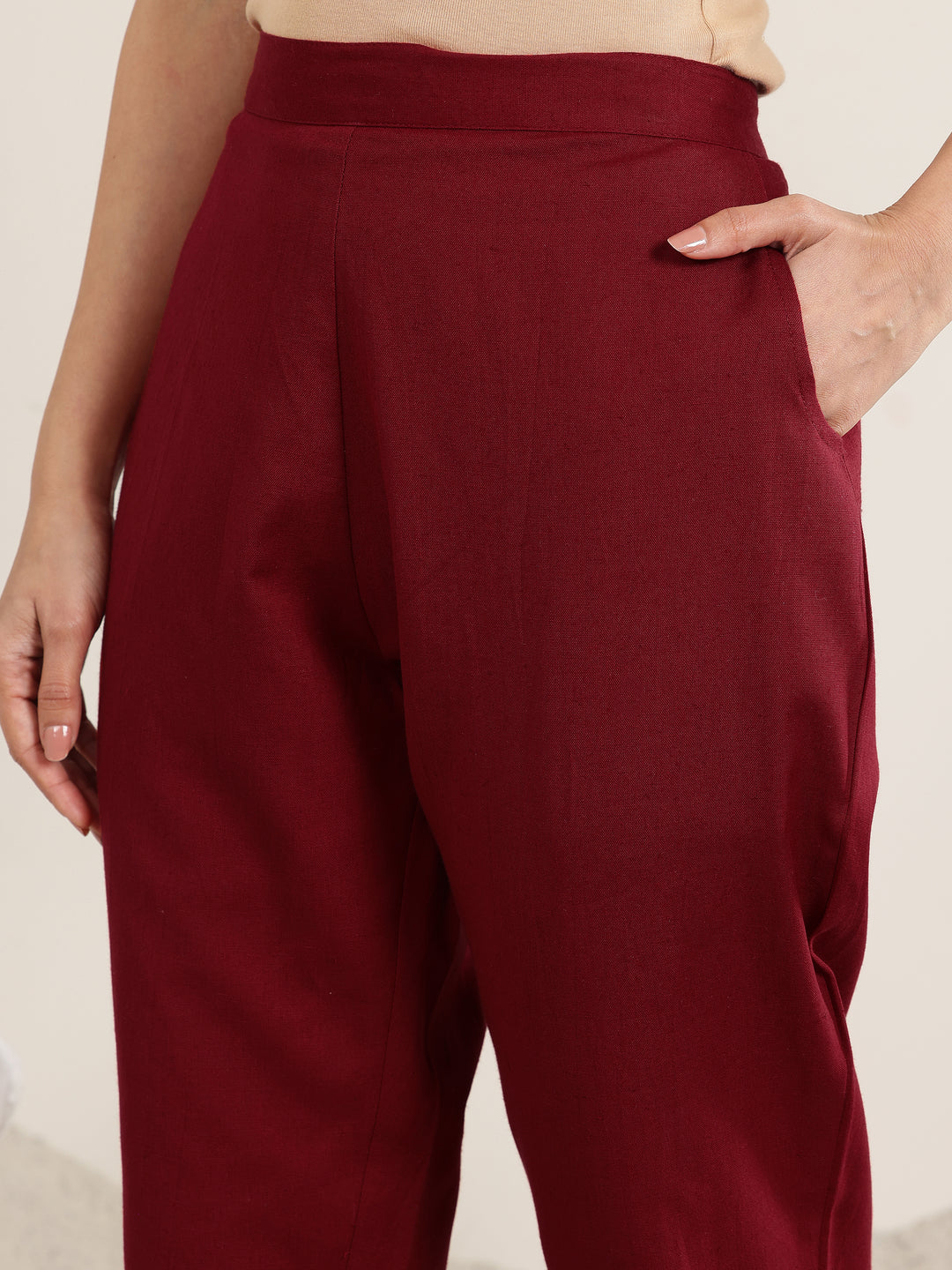  Red Solid Cotton Trousers 