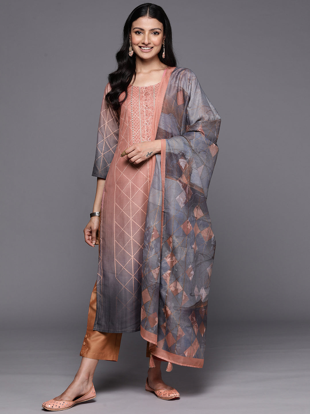 Peach Yoke Design Silk Blend Straight Kurta With Trousers & Dupatta