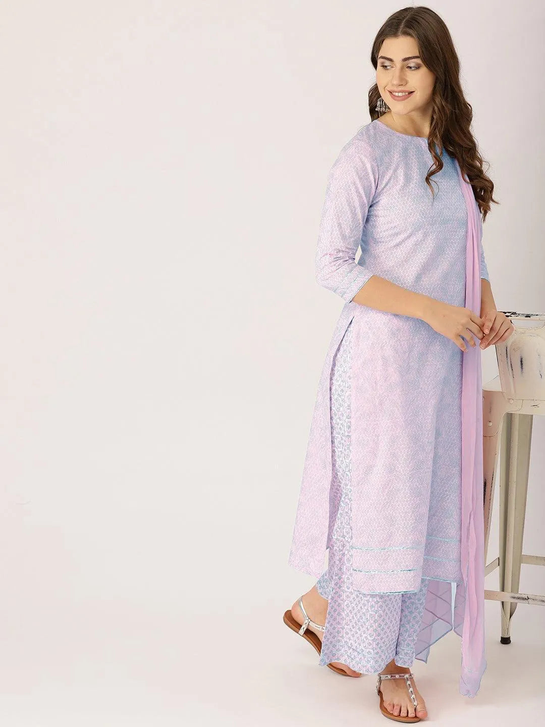  Pink Printed Cotton Straight Kurta With Palazzos & Dupatta 