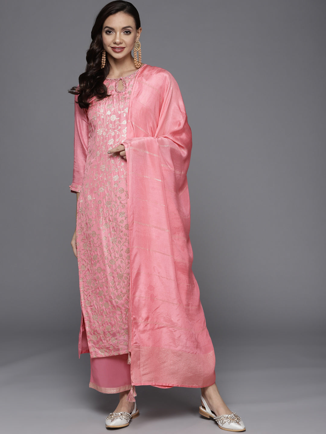  Pink Woven Design Silk Blend Straight Kurta With Palazzos & Dupatta 