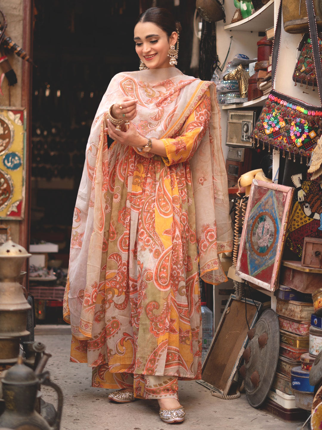 Mustard Printed Poly Chiffon A-Line Kurta With Palazzos & Dupatta