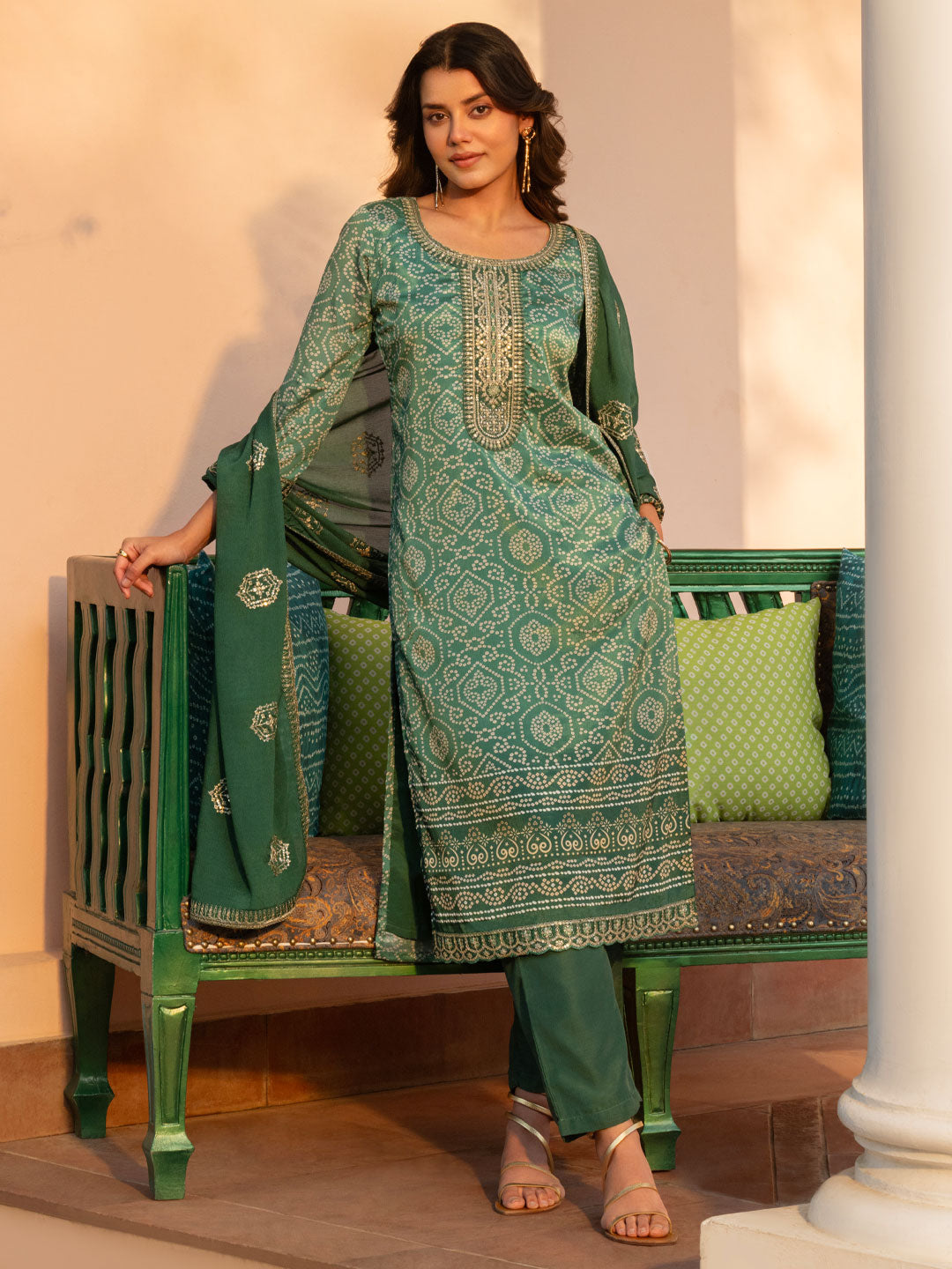 Green Printed Chinon Straight  Suits With Dupatta