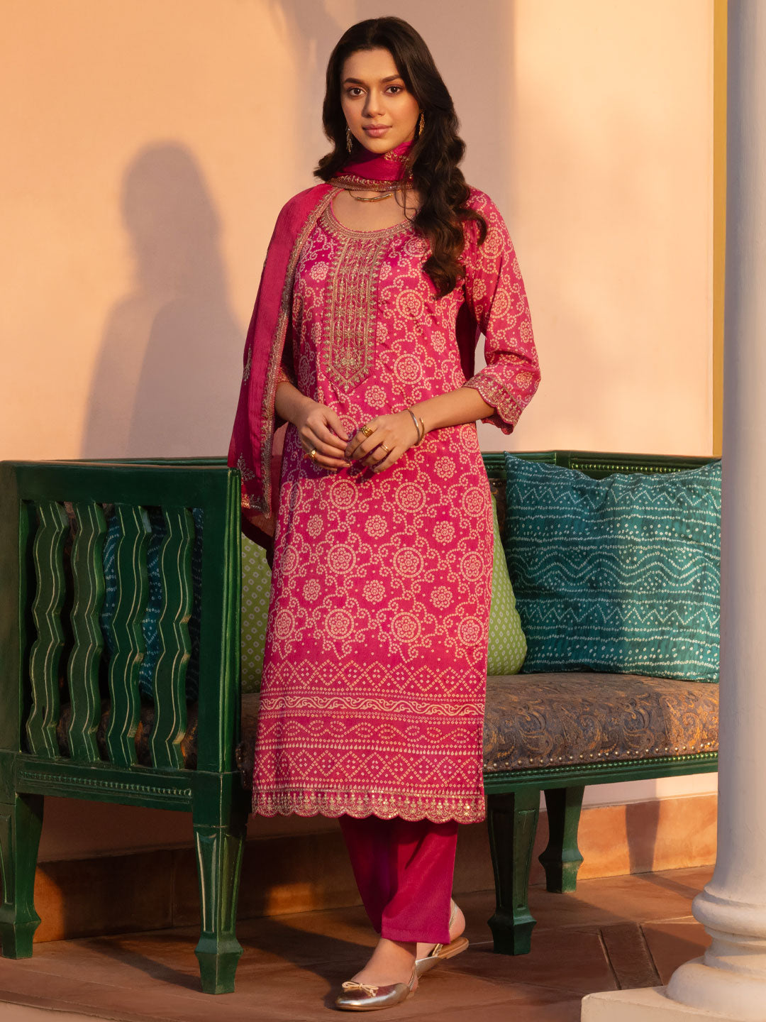 Pink Printed Chinon Straight Suit Set With Dupatta