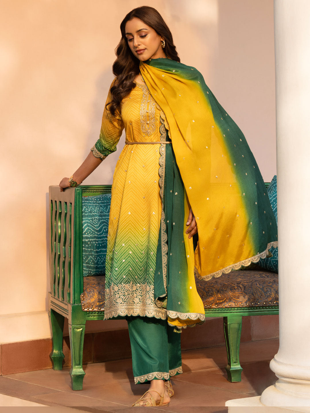 Mustard Printed Chinon Straight Suit Set With Dupatta