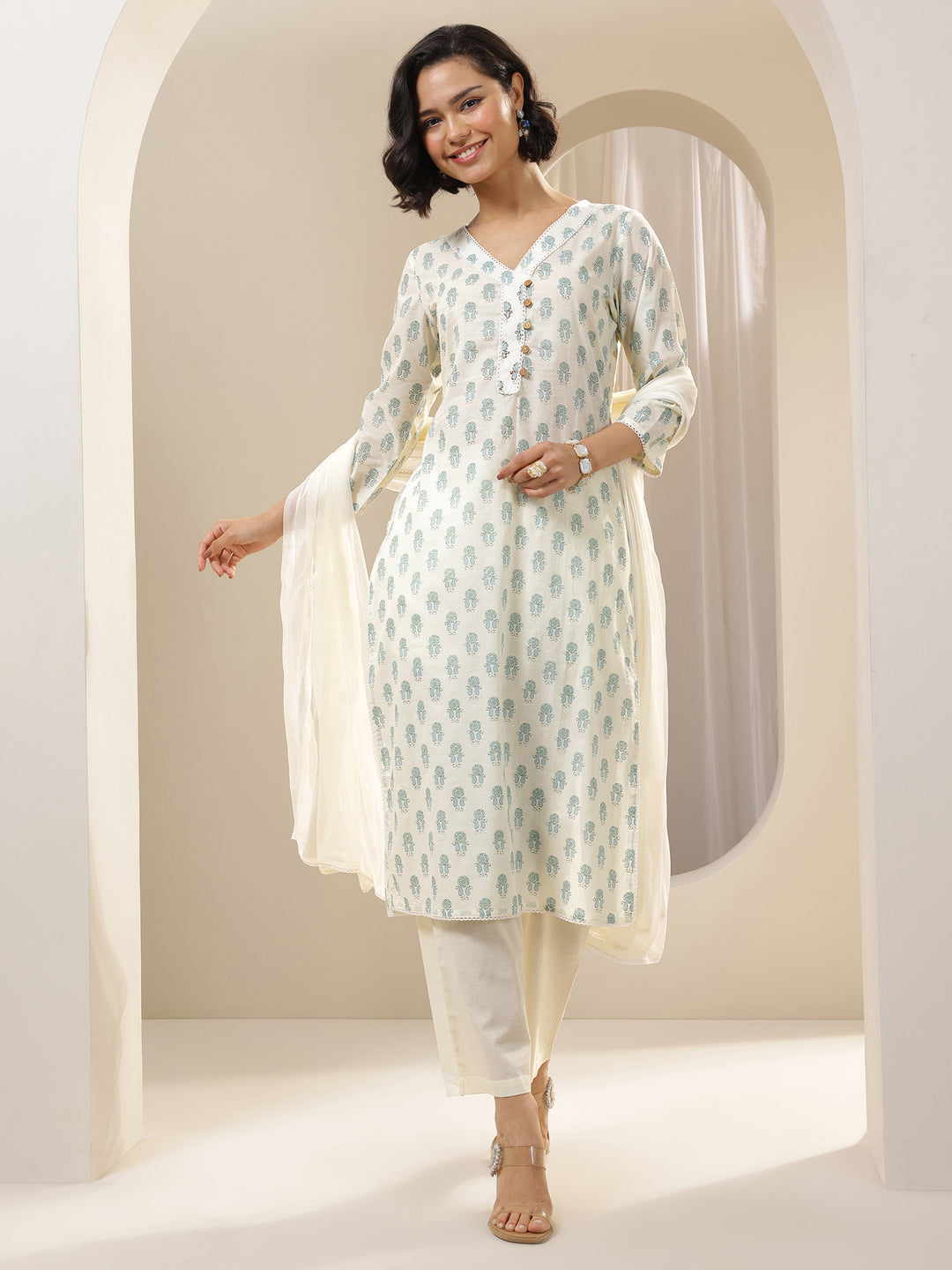  Off White Printed Cotton Straight Suit Sets With Dupatta 