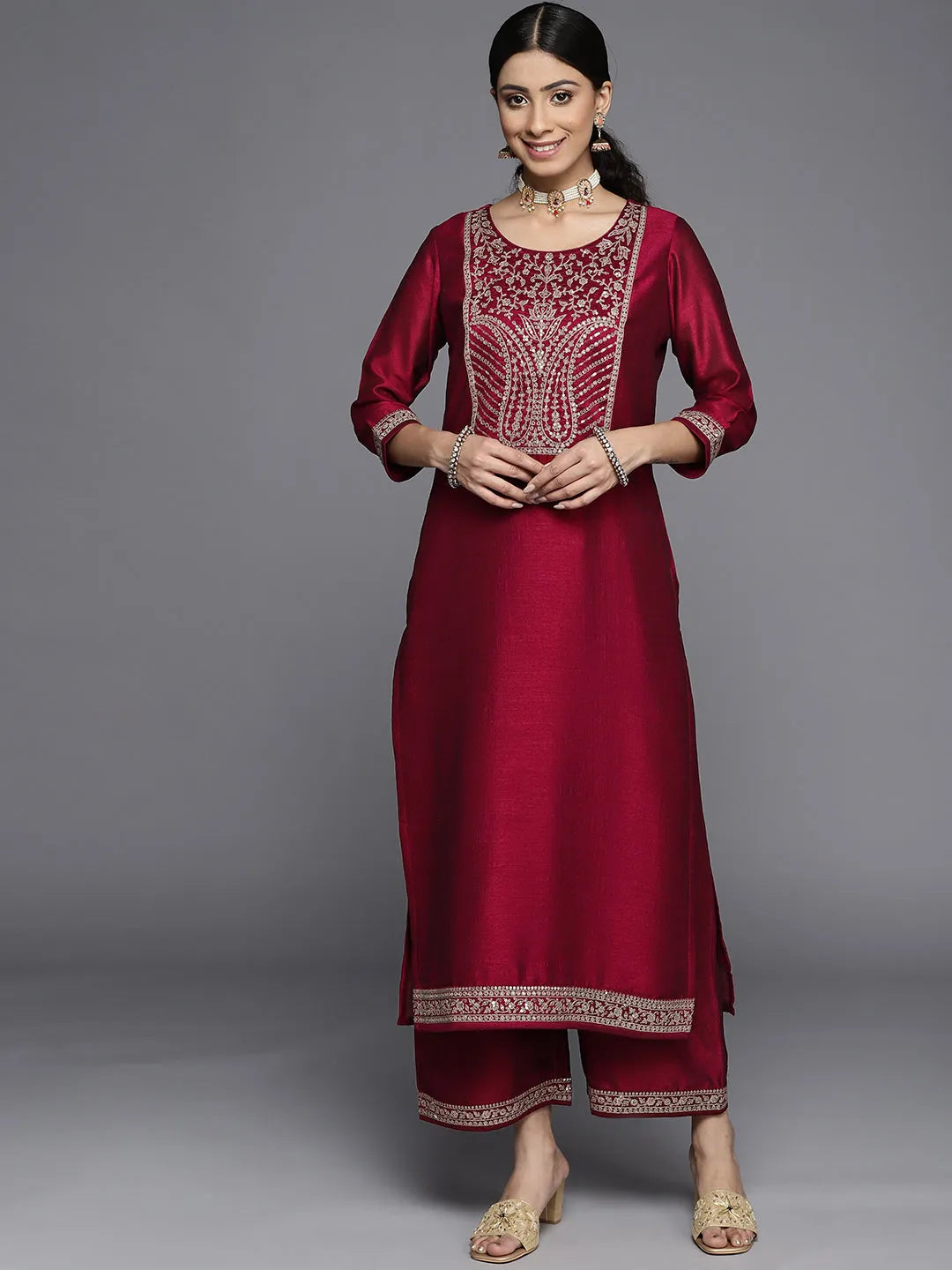  Wine Yoke Design Silk Kurta 