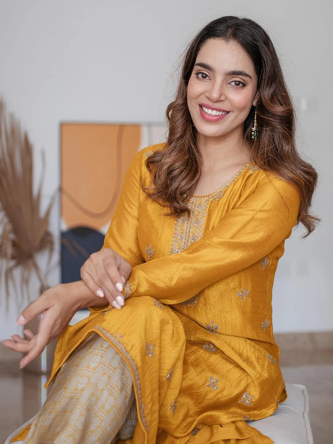  Yellow Embellished Silk Kurta 