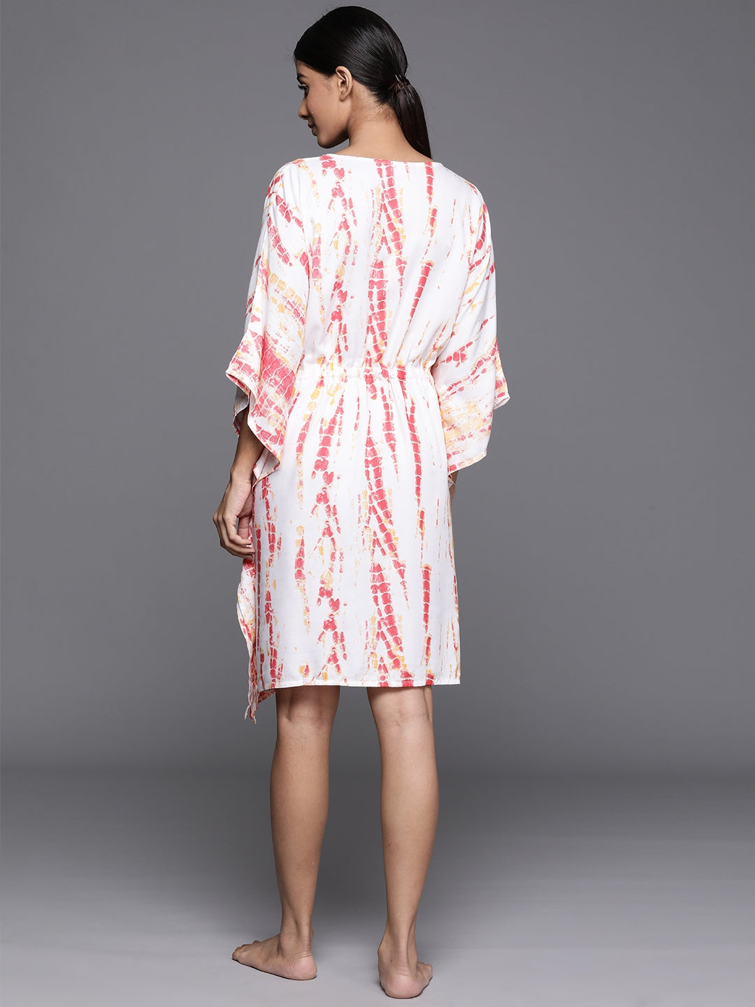  White rayon printed kaftan nightdress with tie-up details 