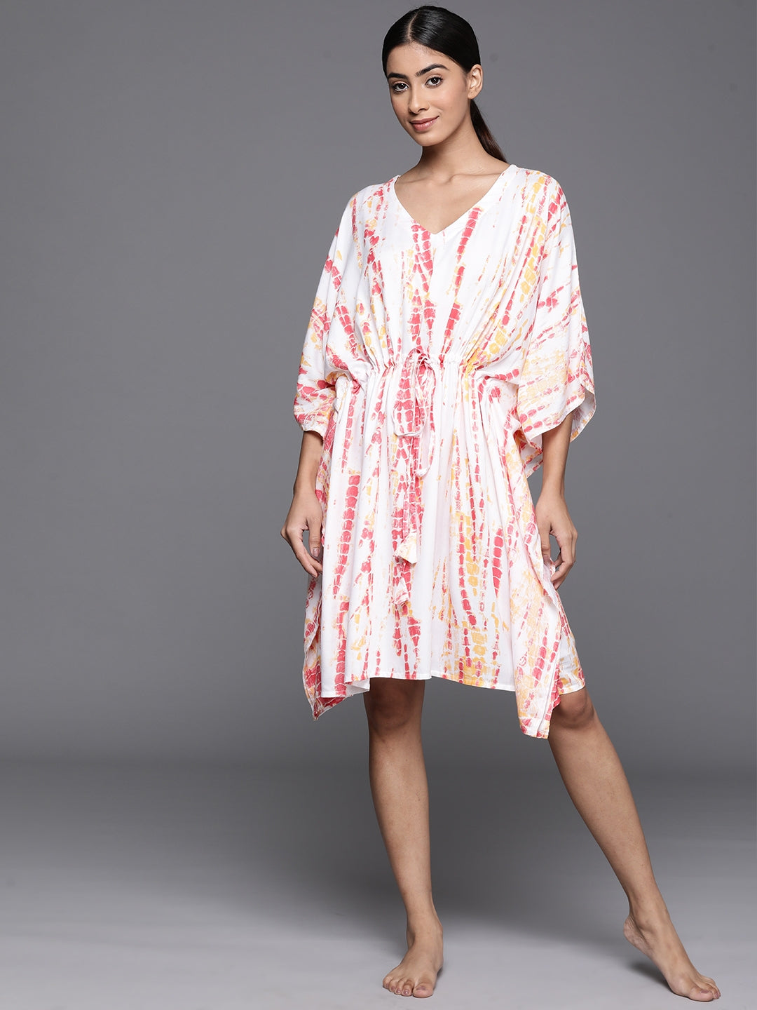  White rayon printed kaftan nightdress with tie-up details 