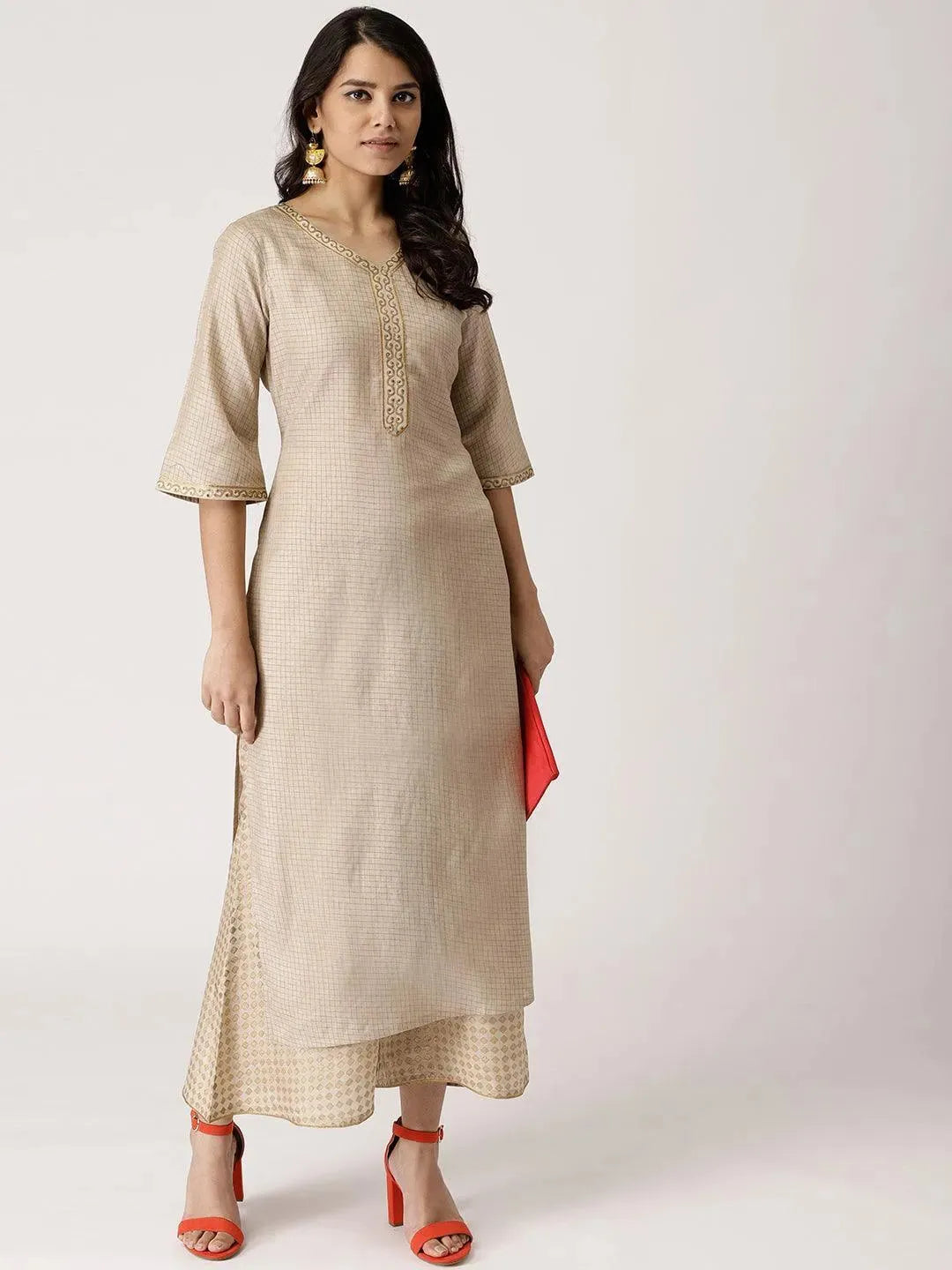 Beige Checkered Chanderi Kurta Set - Libas 