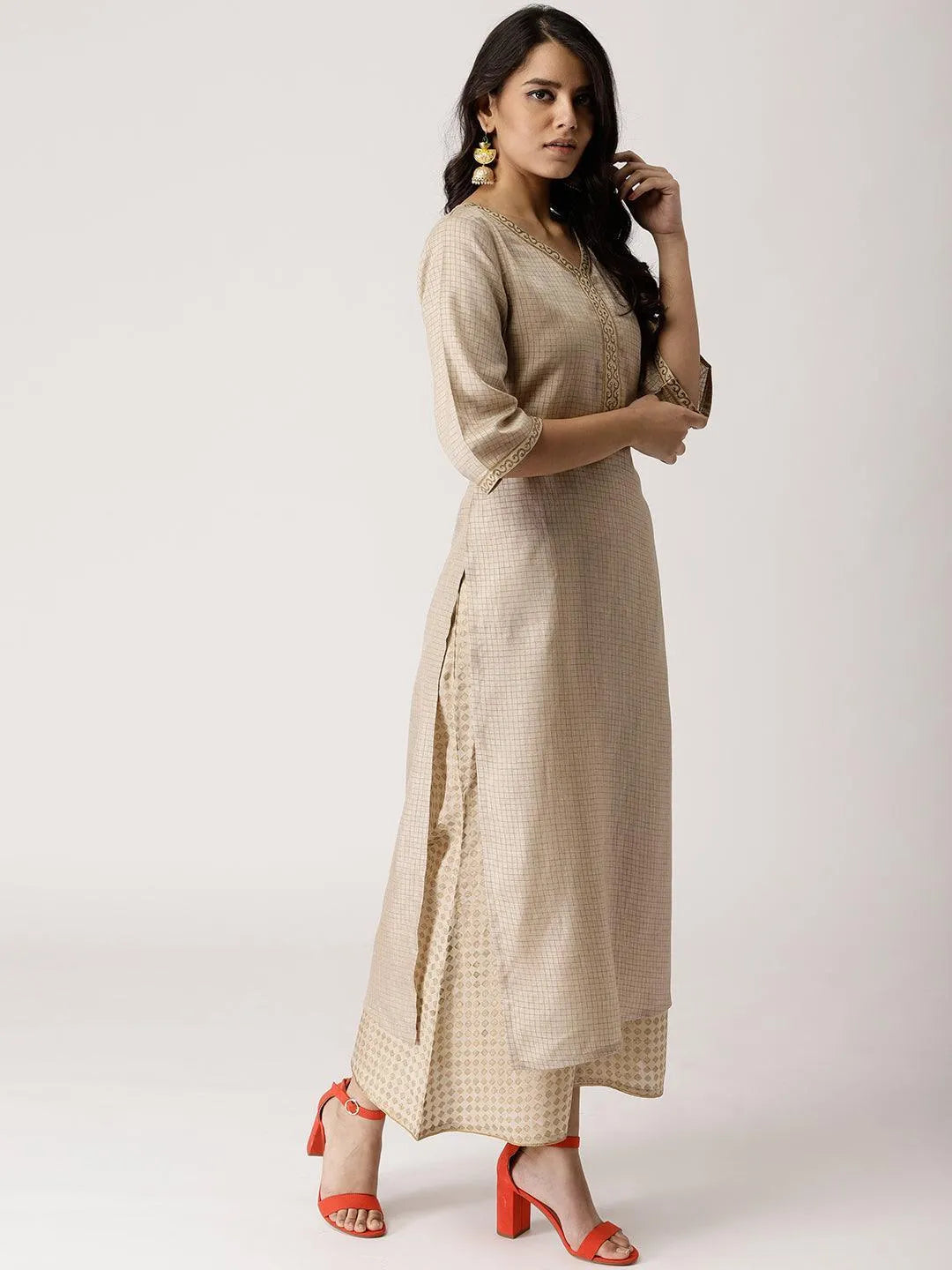 Beige Checkered Chanderi Kurta Set - Libas 