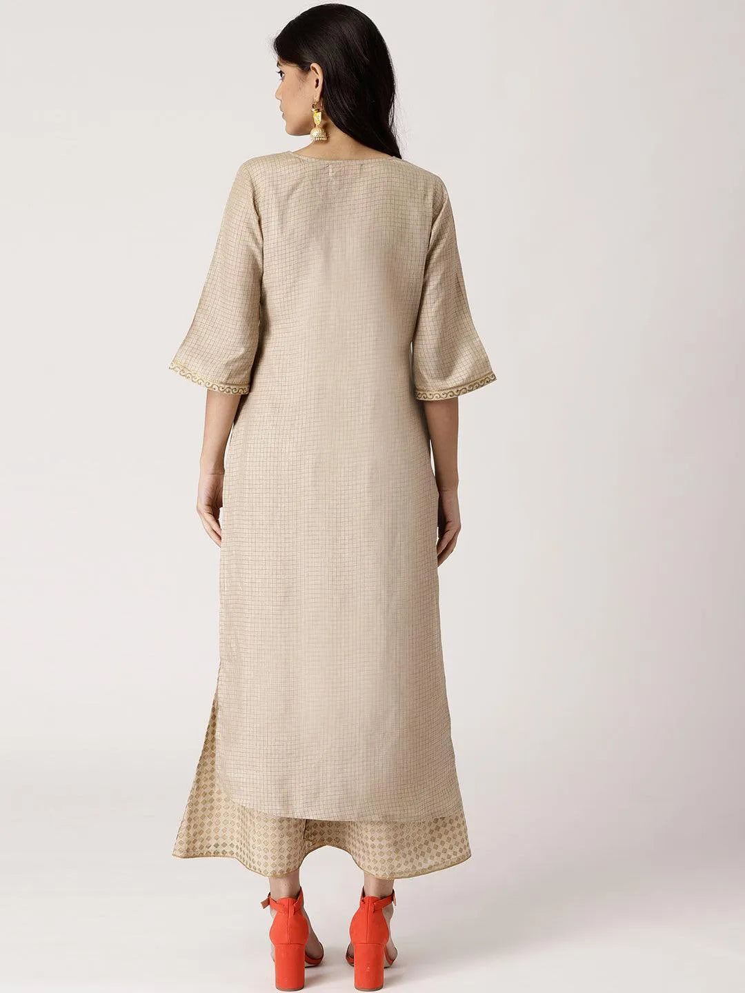 Beige Checkered Chanderi Kurta Set - Libas