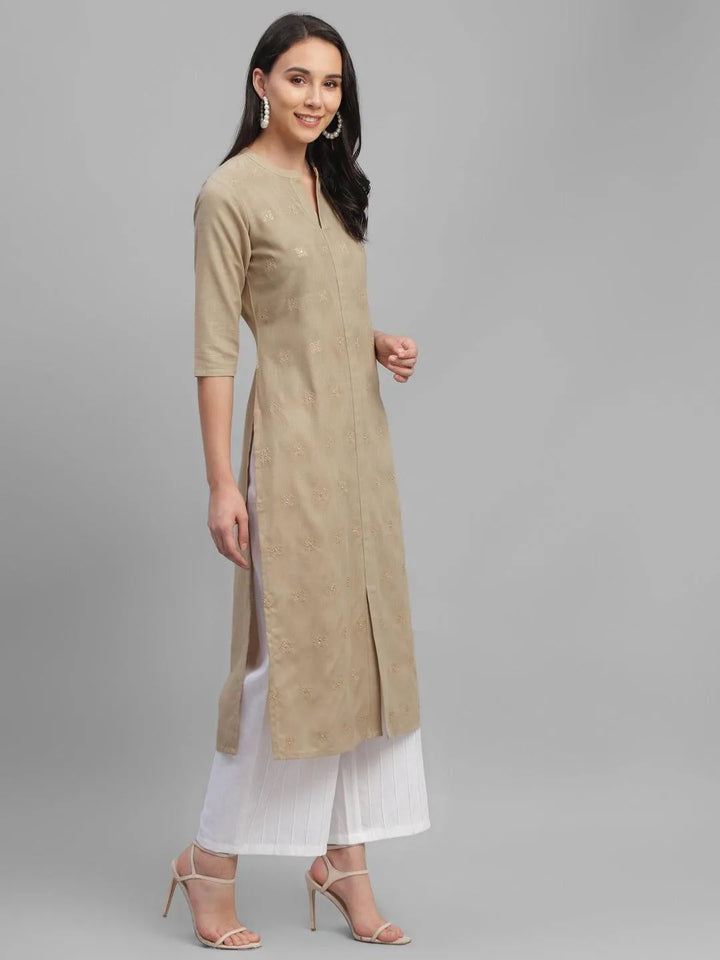 Beige Embroidered Cotton Kurta - Libas