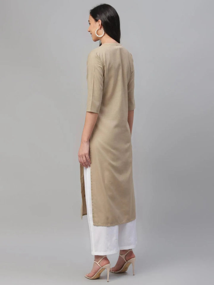 Beige Embroidered Cotton Kurta - Libas