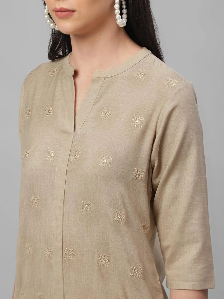 Beige Embroidered Cotton Kurta - Libas