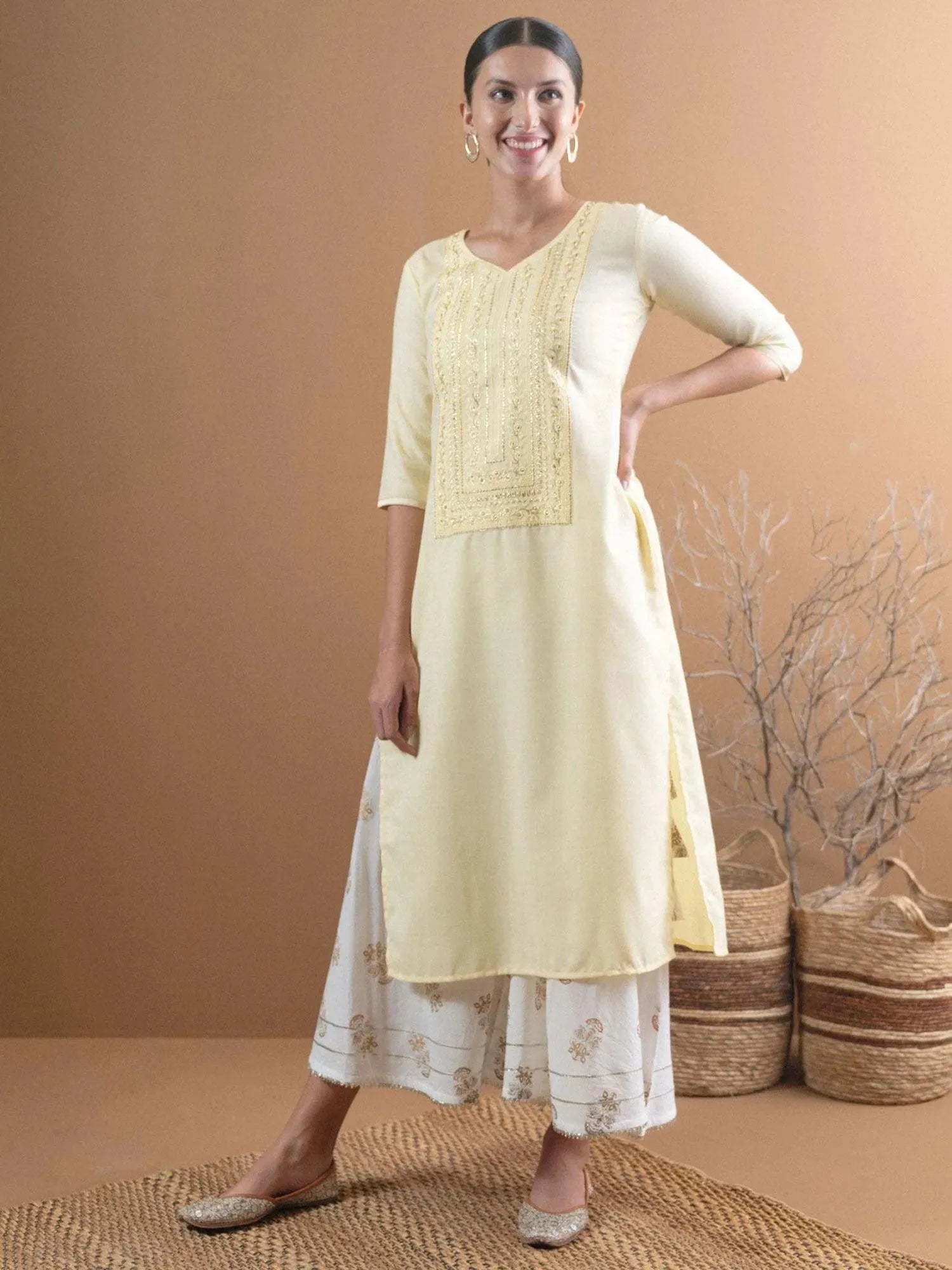 

Buy Beige Embroidered Cotton Kurta With Mask - 9053- | Libas Ethnic Wear Online