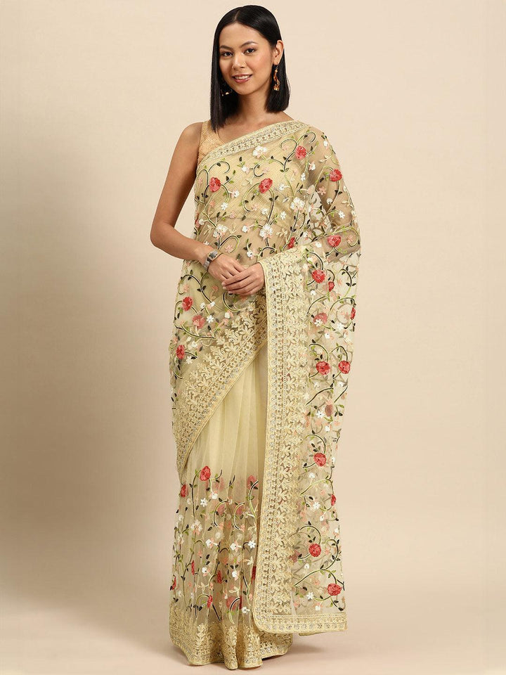 Beige Embroidered Net Saree - Libas