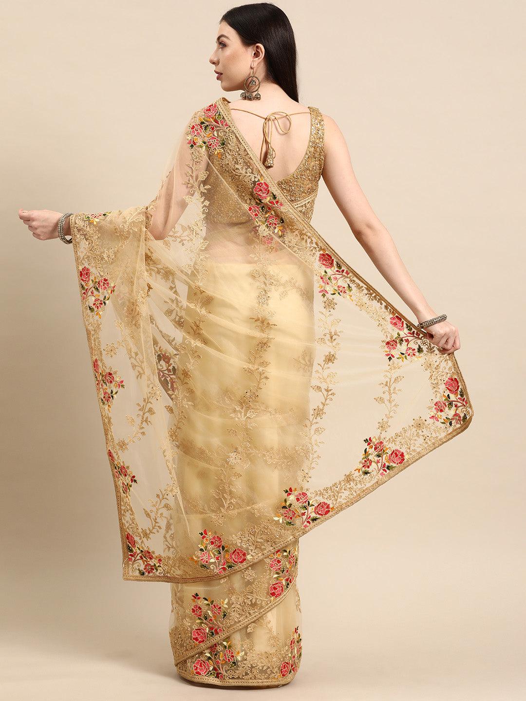 Beige Embroidered Net Saree - Libas