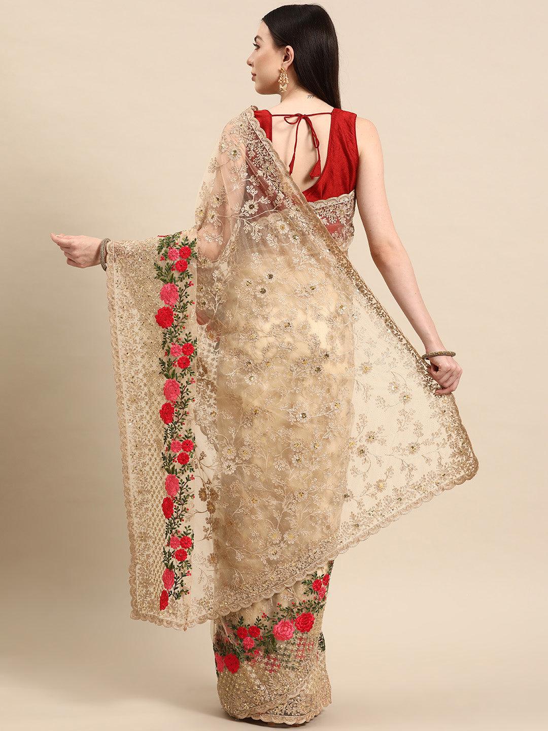 Beige Embroidered Net Saree - Libas 