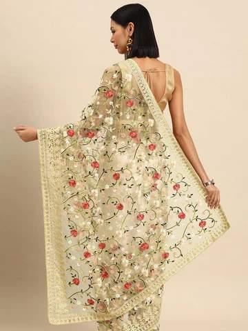 Beige Embroidered Net Saree - Libas 