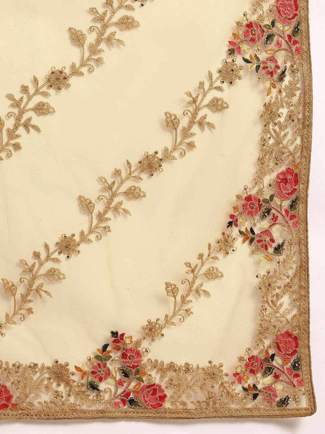 Beige Embroidered Net Saree - Libas