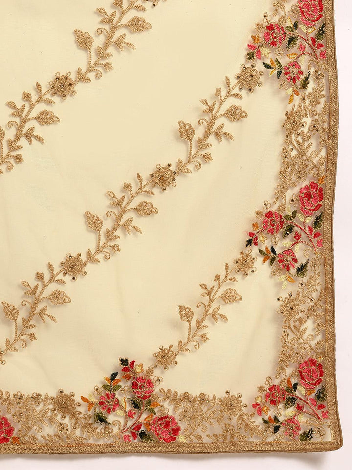 Beige Embroidered Net Saree - Libas