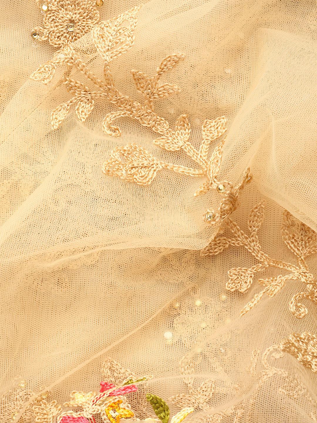 Beige Embroidered Net Saree - Libas 