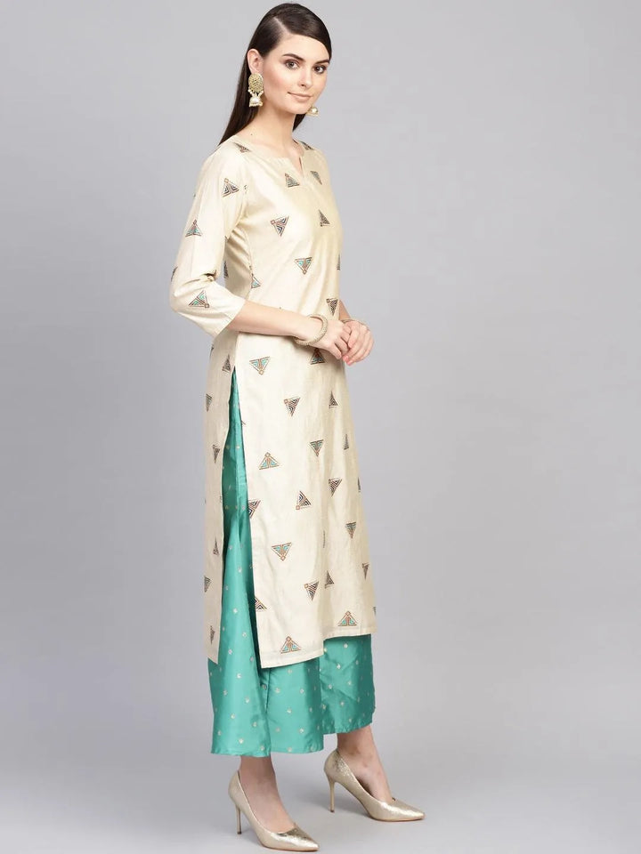 Beige Embroidered Polyester Kurta Set - Libas