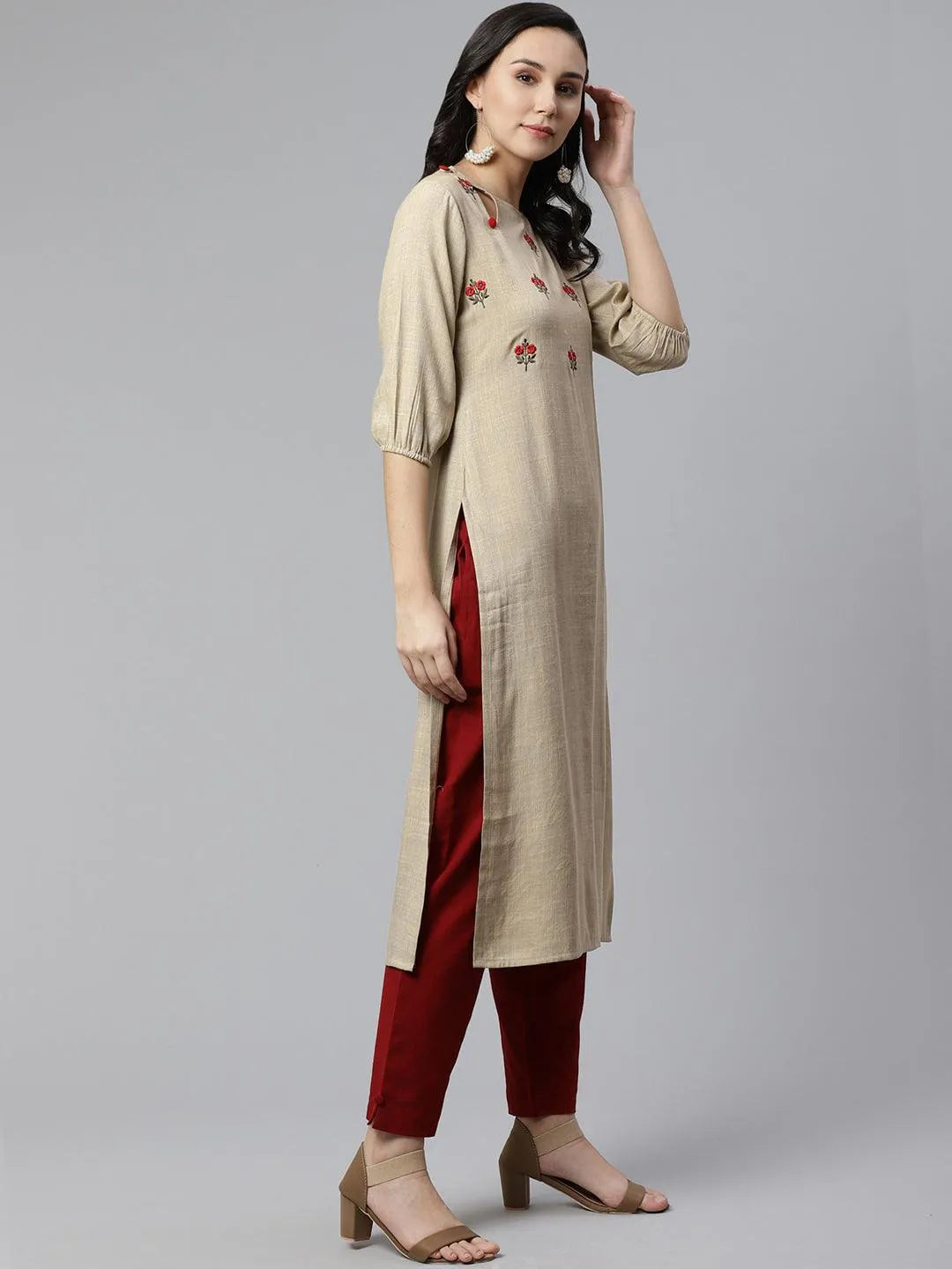 Beige Embroidered Rayon Kurta - Libas