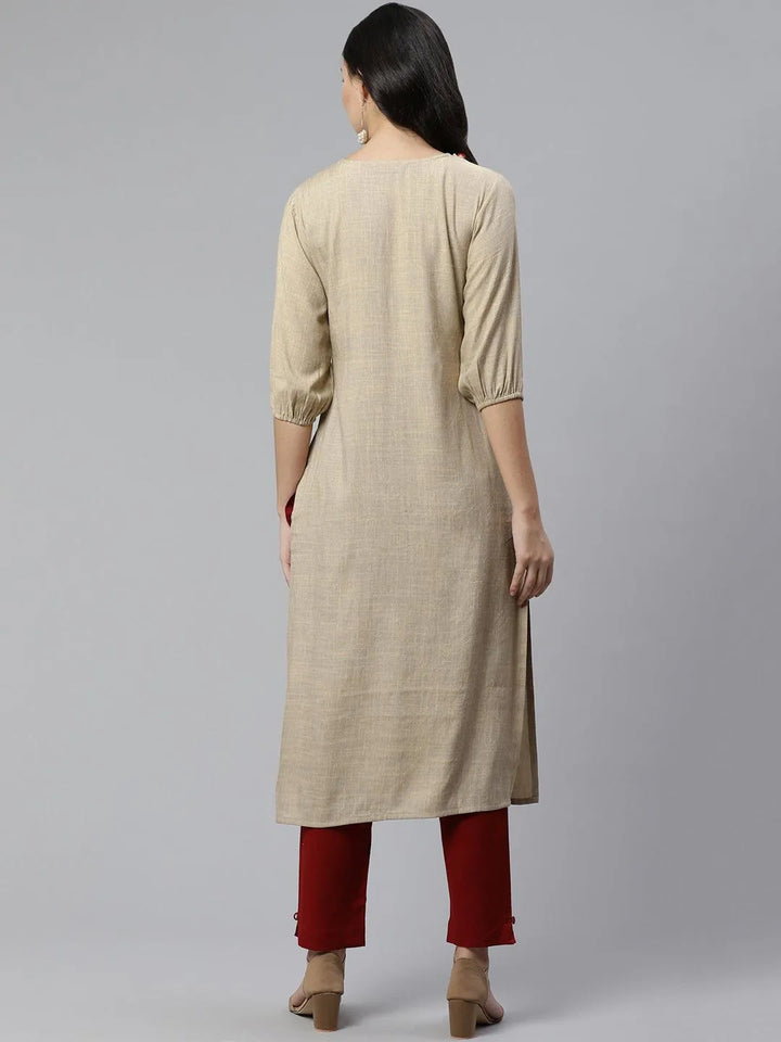 Beige Embroidered Rayon Kurta - Libas