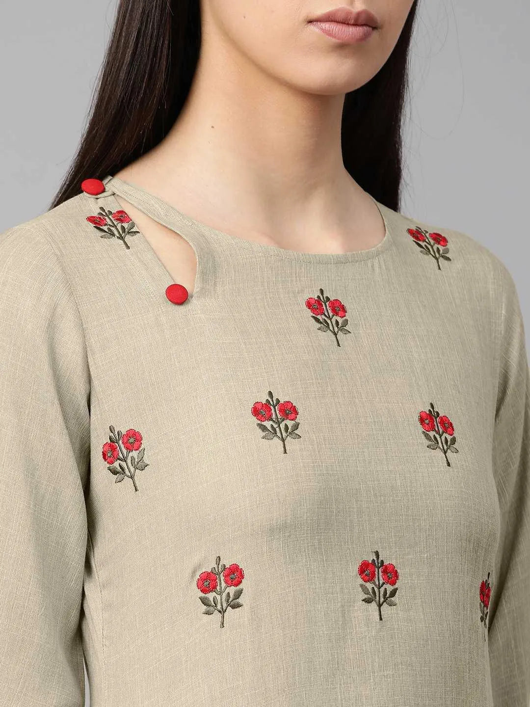 Beige Embroidered Rayon Kurta - Libas