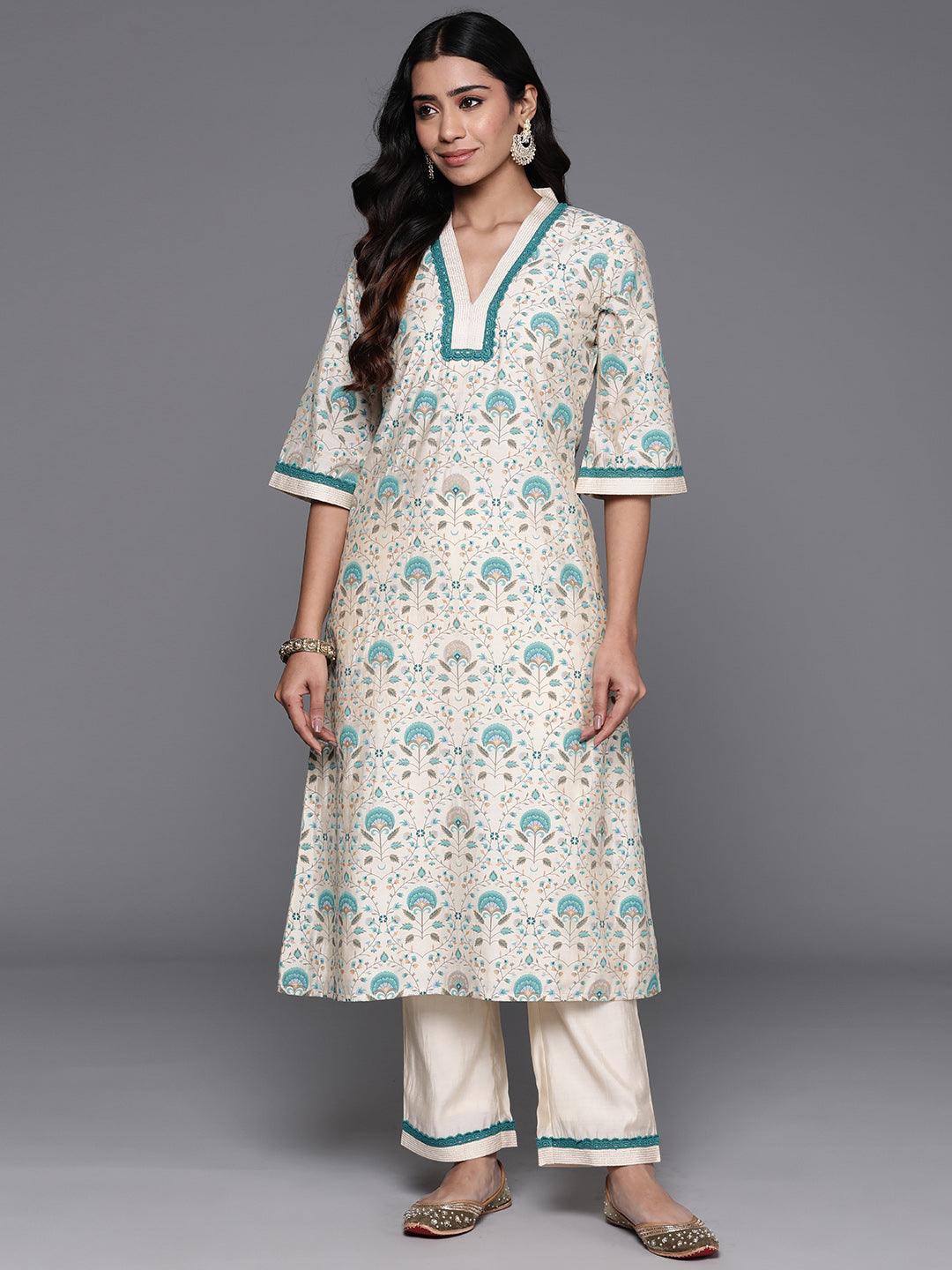 Beige Printed Chanderi Silk A-Line Kurta With Palazzos - Libas 