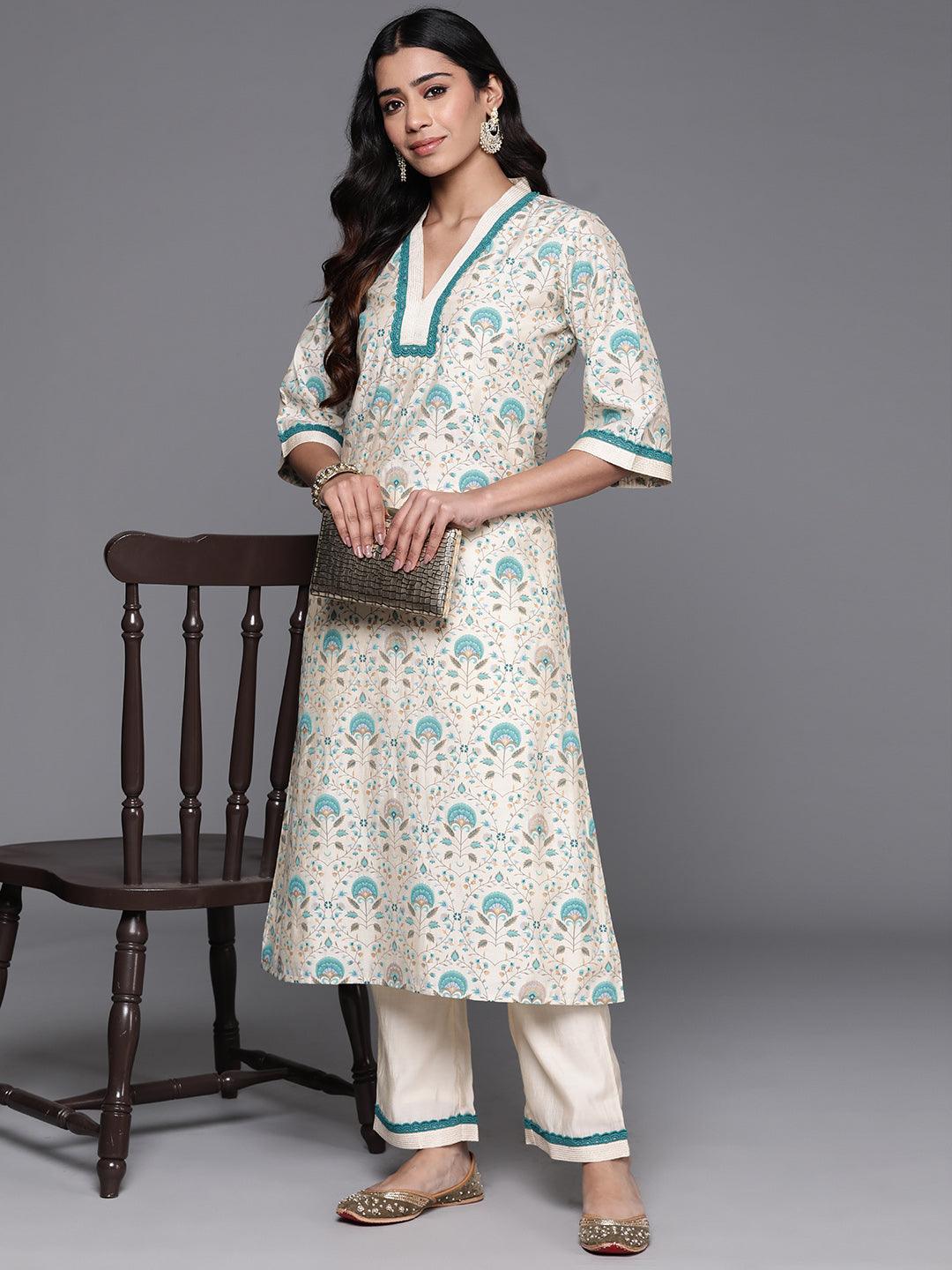 Beige Printed Chanderi Silk A-Line Kurta With Palazzos - Libas 