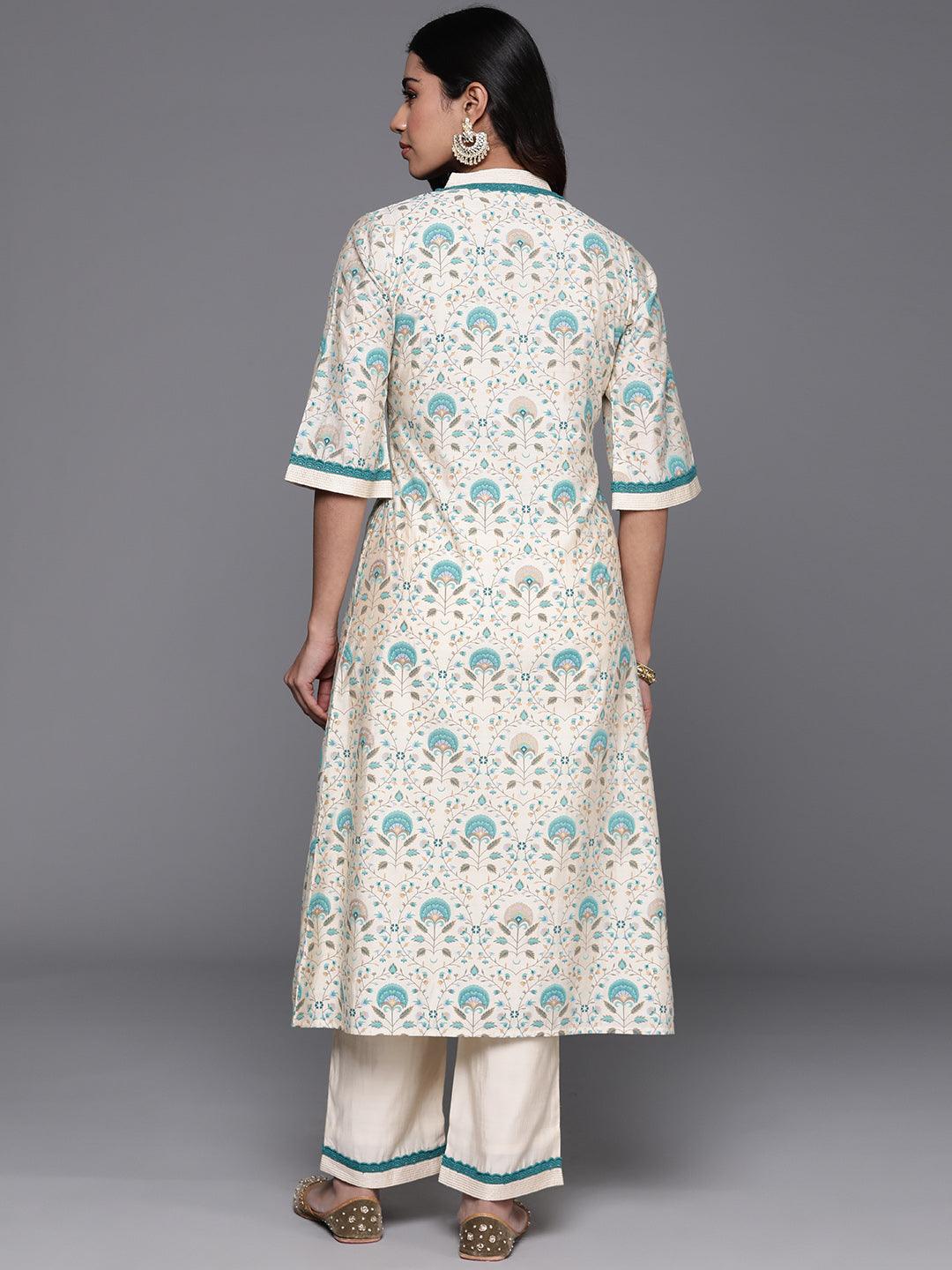 Beige Printed Chanderi Silk A-Line Kurta With Palazzos - Libas 