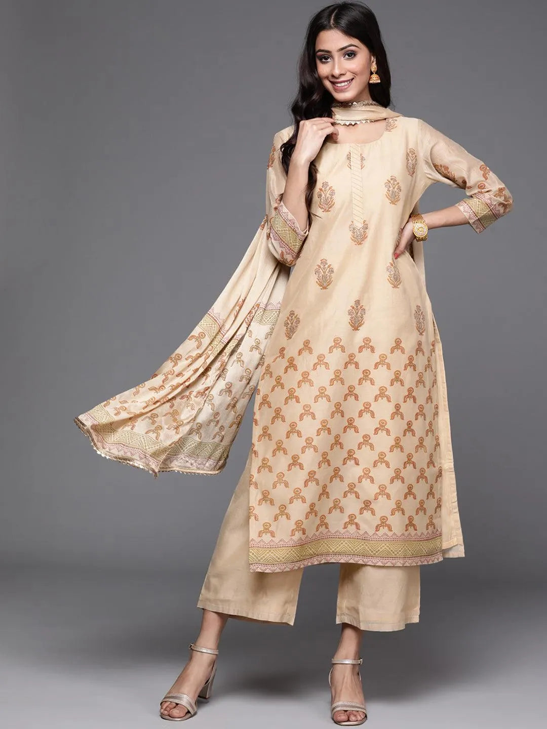 Beige Printed Chanderi Silk Suit Set - Libas 