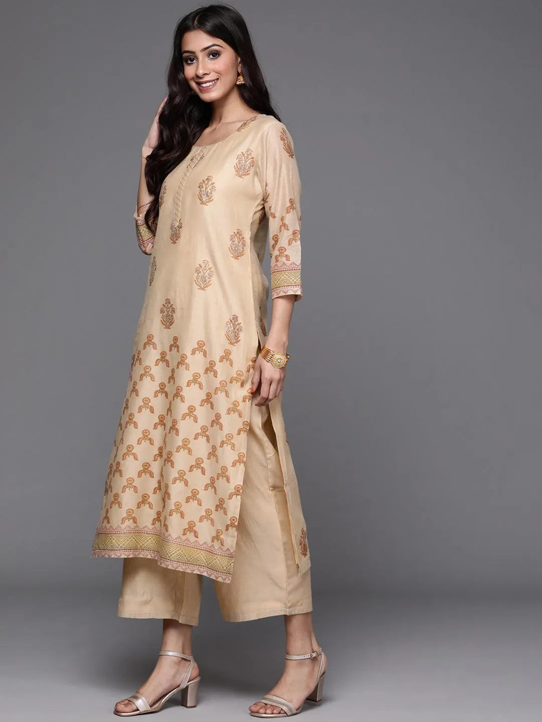 Beige Printed Chanderi Silk Suit Set - Libas 