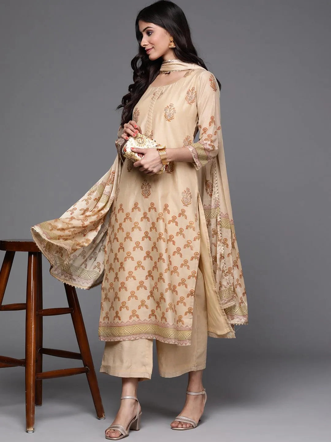 Beige Printed Chanderi Silk Suit Set - Libas 