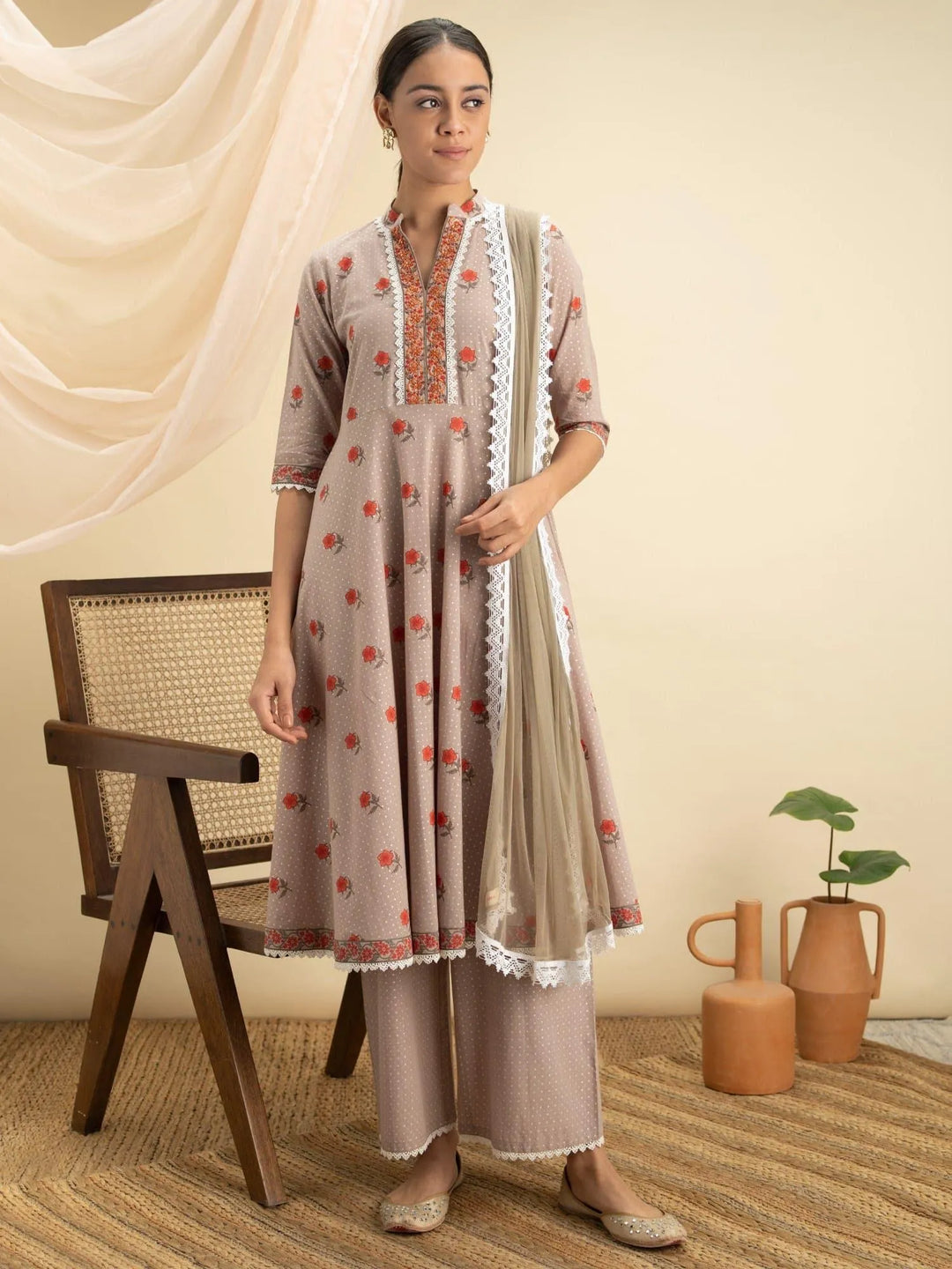 Beige Printed Cotton Suit Set - Libas 