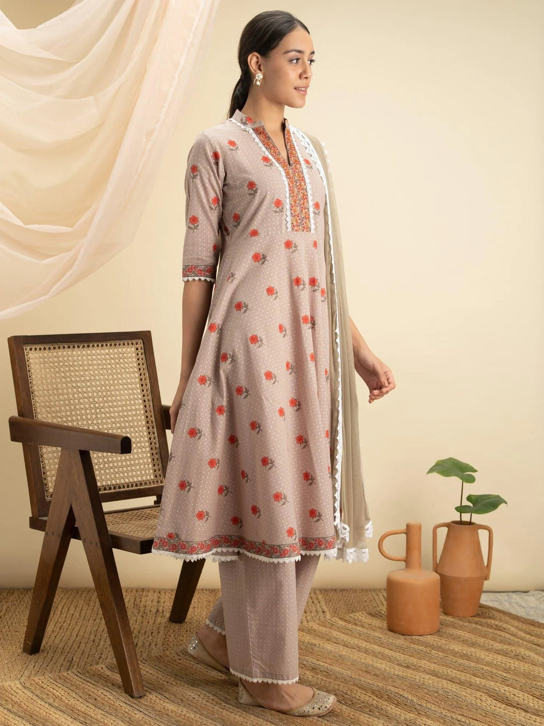 Beige Printed Cotton Suit Set - Libas 