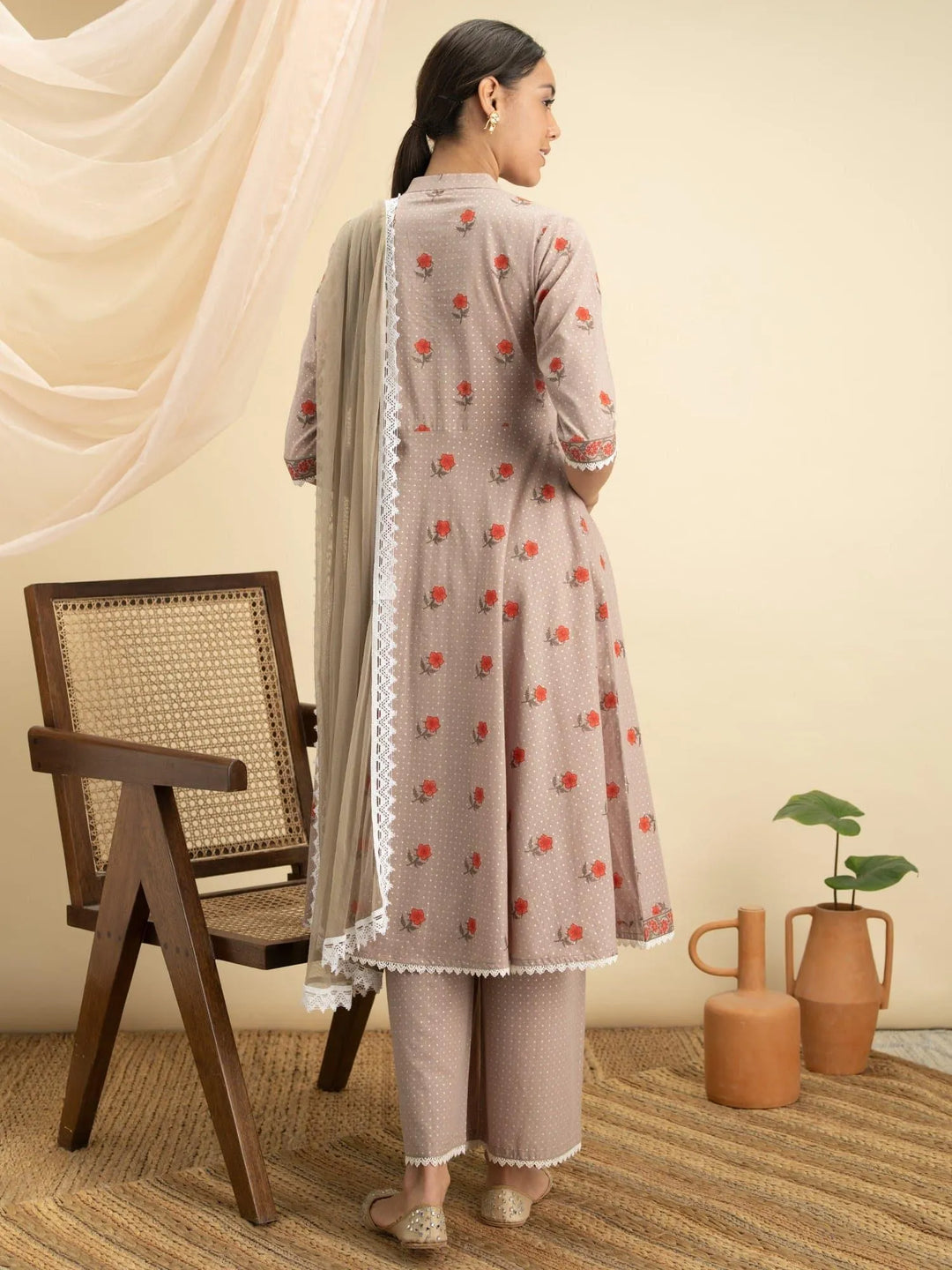 Beige Printed Cotton Suit Set - Libas 