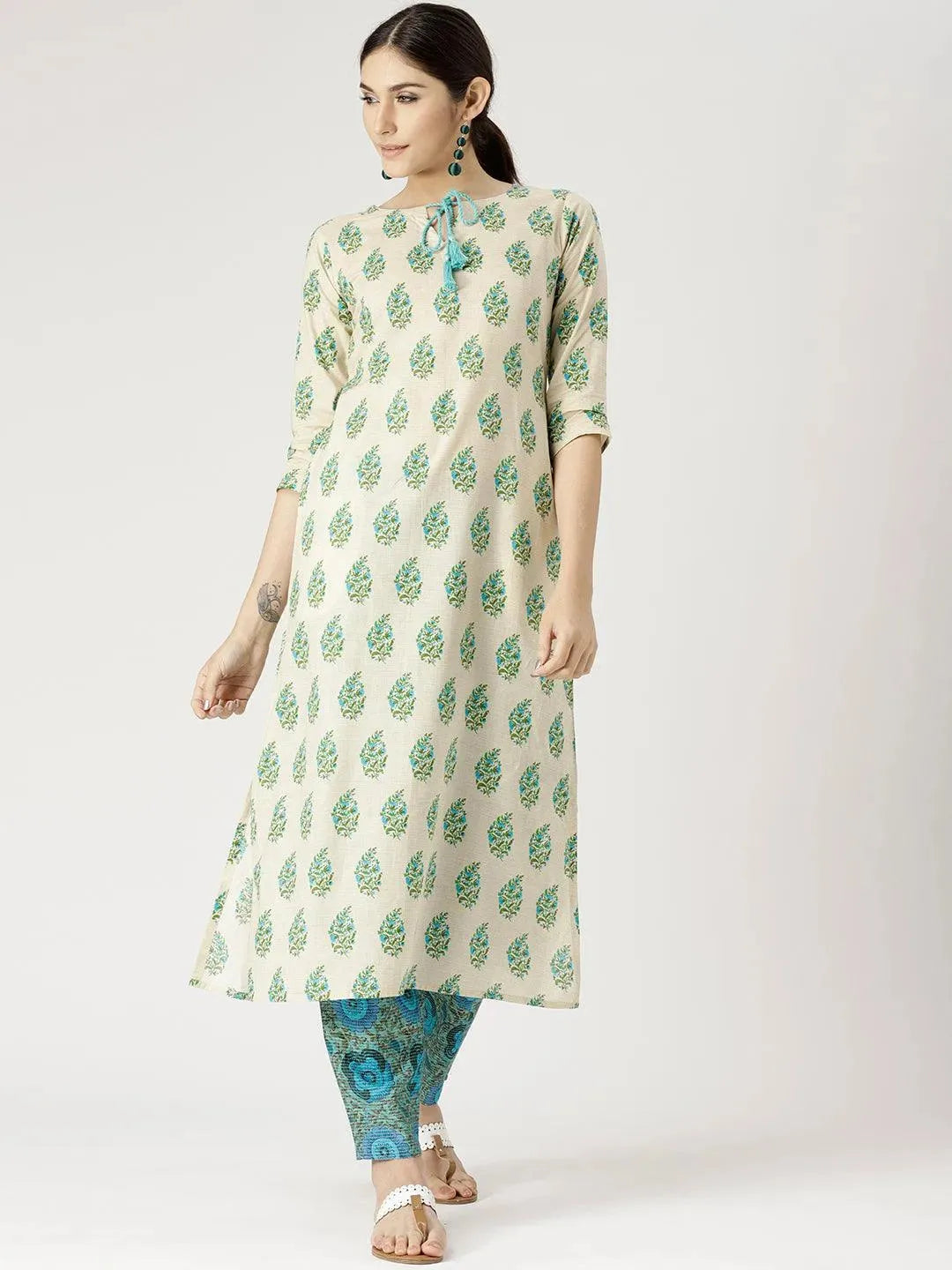 

Beige Printed Cotton A-Line Kurta With Trousers