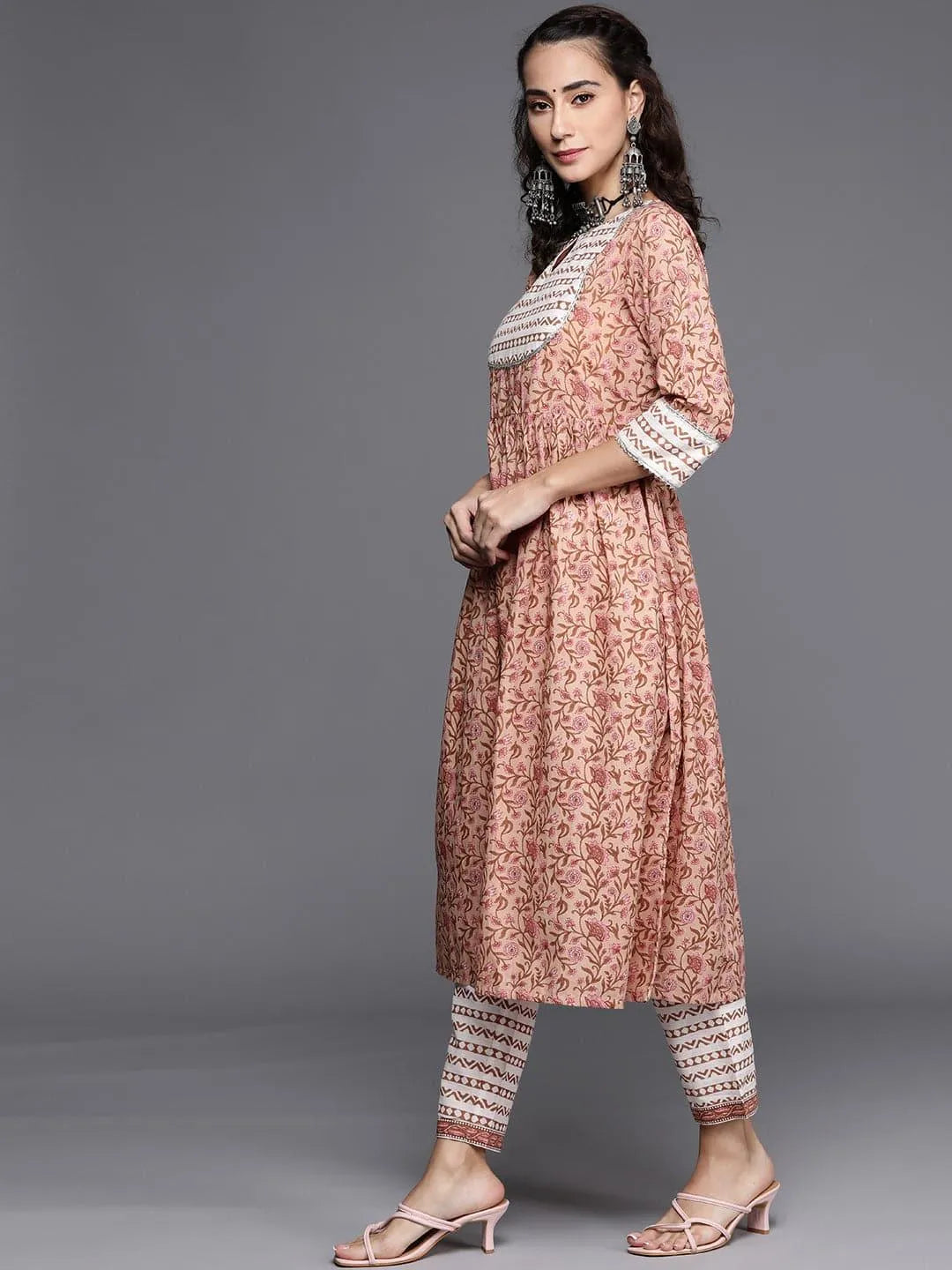 Beige Printed Cotton Suit Set - Libas