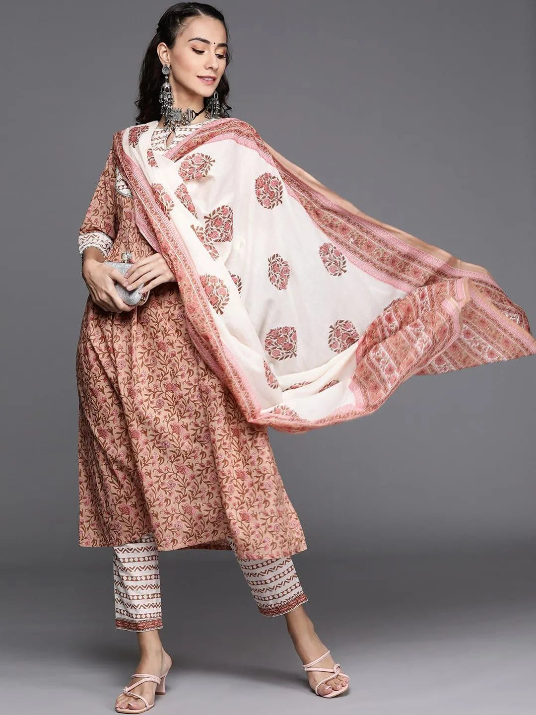 Beige Printed Cotton Suit Set - Libas