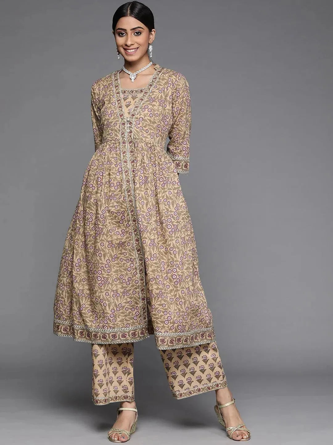 Beige Printed Cotton Kurta Set - Libas 